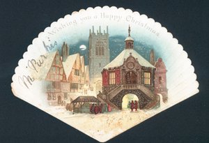 Tarjeta victoriana de Navidad en forma de abanico