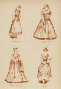 Disfraces: Alsaciana, Amy Robsart, Ana Bolena, Aire (litografía) de English School
