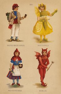 Disfraces: Aguador Maltés, Mariposa, Caperucita Roja, Duende (litografía en color)