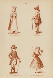 Disfraces: Pillar Post, Puritano, Old Fashioned Bean, Arlequinette (litografía) de English School
