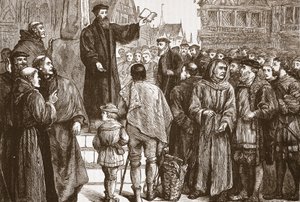 Farel predicando en la plaza del mercado de Neuchatel, ilustración de La Historia del Protestantismo de James Aitken Wylie, pub. 1878 de English School