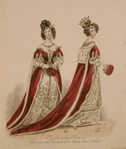 Placa de moda que representa a las damas con trajes de coronación de English School
