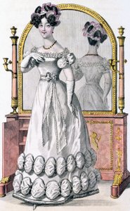 Placa de moda de una dama en vestido de noche, anuncio de 