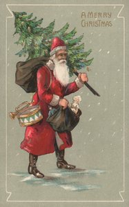 Papá Noel llevando un saco de juguetes y un árbol de Navidad de English School