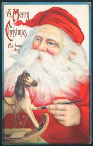 Papá Noel pintando un caballo de juguete de English School
