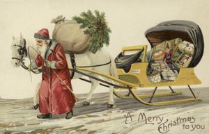 Papá Noel tirando de un trineo de regalos de English School