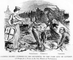 El Padre Támesis Presentando a su Descendencia a la Bella Ciudad de Londres, siendo la descendencia Difteria, Escrofula y Cólera. Más una alcantarilla abierta que un río, el estado repugnante del Támesis en Londres.