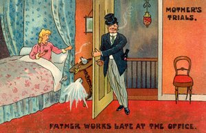 El padre trabaja tarde en la oficina (litografía en color)