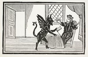 Fausto advertido por el Espíritu de su fin, ilustración de Chap-books del Siglo XVIII de John Ashton, pub. 1882 de English School