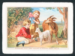 Alimentando a las cabras, tarjeta de Año Nuevo