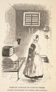Convicta en vestido de lona (bajo castigo por rasgar su ropa), ilustración de Las prisiones criminales de Londres y escenas de la vida en prisión de Henry Mayhew y John Binny, pub. 1862 de English School