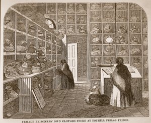 Tienda de ropa propia de prisioneras en la prisión de Tothill Fields, ilustración de Las prisiones criminales de Londres y escenas de la vida en prisión de Henry Mayhew y John Binny, pub. 1862