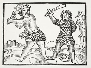 Ferragus levanta un poderoso ejército y sitia la ciudad de Aquitania, ilustración de Chap-books del Siglo XVIII de John Ashton, pub. 1882