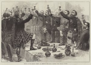 Festival de la Sociedad de las Tierras Altas, brindis por la salud del Duque de Rothsay, con honores de las Tierras Altas (grabado)