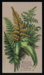 Arreglo festivo de hojas, tarjeta navideña (chromolitho) de English School