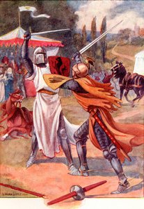 Caballeros de combate con armadura. Ilustración coloreada del libro The Gateway to Tennyson publicado en 1910.