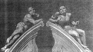 Figuras sobre la Puerta del Hospital de Belén, grabado por A. Birrell para la Historia de Londres de Lambert, 1805