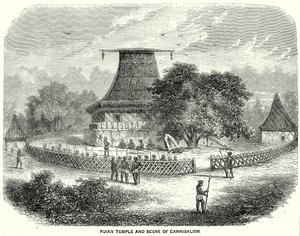 Templo de Fiyi y escena de canibalismo (grabado) de English School