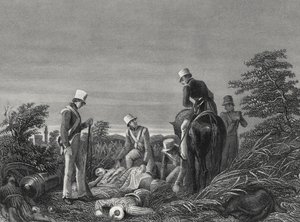 Encontrando los colores del 24º Regimiento después de la batalla de Chillianwallah, c.1850 (grabado)