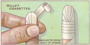 Vendaje para dedo, no.50 de la serie de Primeros Auxilios de las tarjetas de cigarrillos de Willss, 1913