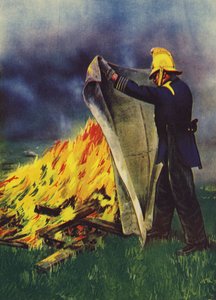 Bombero experimentando con una manta ignífuga de amianto (litografia en color) de English School