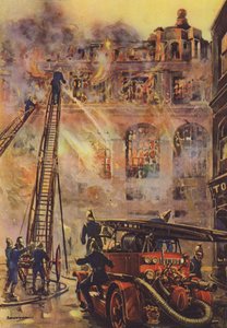 Bomberos combatiendo un incendio en un gran hotel (litografia en color) de English School