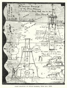 Primer Dibujo del Martillo de Vapor, 24 de noviembre de 1839 (grabado) de English School