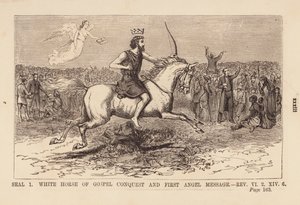 Primer sello, caballo blanco de la conquista evangélica y mensaje del primer ángel (grabado) de English School