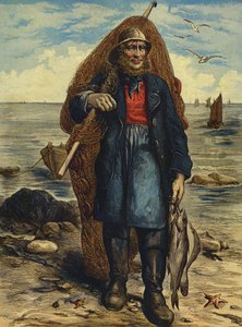 Pescador llevando sus redes y sosteniendo su pesca de English School