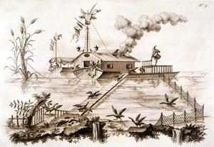 Pesca con cormoranes usando un bote de agua y un recinto vallado, ilustración de 