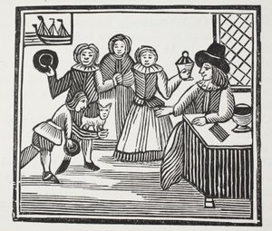 Fitzwarren recibiendo las aventuras de sus sirvientes, ilustración de Chap-books del siglo XVIII de John Ashton, pub. 1882 de English School