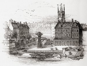 Fleet Ditch, Londres, Inglaterra en 1749 en el punto en el que desemboca en el Támesis en Bridewell, de Old England: A Pictorial Museum, pub. 1847 de English School