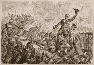 Defensa de Fletcher del reducto en Tanjore, ilustración de Cassells Illustrated History of India de James Grant, pub. 1879