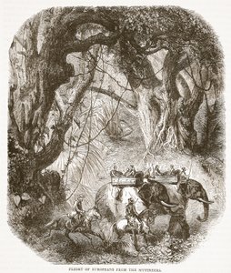 Huida de los europeos de los amotinados, ilustración de la Historia Ilustrada de Inglaterra de Cassell de English School