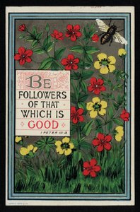 Flores con un versículo bíblico de 1 Pedro 3:13, tarjeta de felicitación. (cromolito)