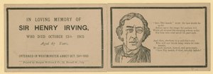 Tarjeta plegable anotando el fallecimiento de Sir Henry Irving, actor, quien murió el 13 de octubre de 1905