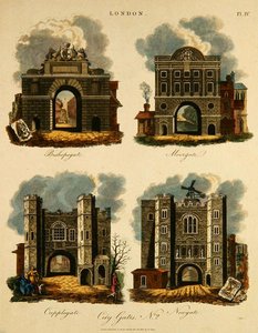 Cuatro puertas de la ciudad: Bishopsgate, Moorgate, Cripplegate y Newgate, grabado por J. Pass, publicado por G. Jones de English School