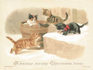 Cuatro gatitos jugando, tarjeta de Navidad de English School