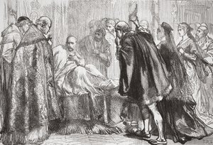 Francisco I en su lecho de muerte, ilustración de La Historia del Protestantismo de James Aitken Wylie, pub. 1878 de English School