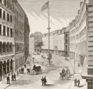 Franklin Street, Boston, Massachusetts en la década de 1870 (litografía)
