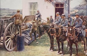 Lanceros franceses llegando a un puesto avanzado del pueblo, en ayuda de las fuerzas británicas, 1914-19 de English School