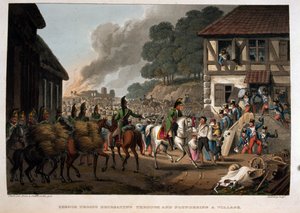 Tropas francesas retirándose y saqueando un pueblo