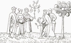 Fraile Oderic de Pordenone sosteniendo una rama de un árbol en el que crecen pájaros, mostrado a su vez por el rey local, el Árbol de Cordero de Tartaria, mostrando un cordero emergiendo, ilustración de The Strand Magazine de English School