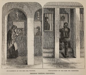 Amigos visitando prisioneros, ilustración de Las prisiones criminales de Londres y escenas de la vida en prisión de Henry Mayhew y John Binny, pub. 1862 de English School