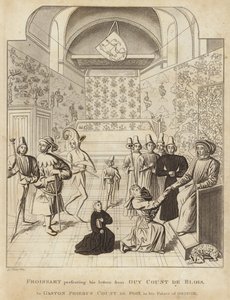 Froissart presentando sus cartas de Guy Court de Blois a Gaston Phoebus, conde de Foix, en su palacio de Orthez