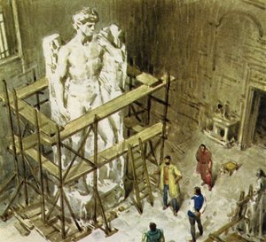 A partir de un enorme bloque de mármol, Miguel Ángel crea el David (litografía en color) de English School