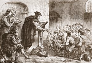 La escuela de Froment en el Molard, ilustración de La Historia del Protestantismo de James Aitken Wylie, pub. 1878 de English School