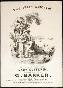 Portada de la partitura musical para El inmigrante irlandés, escrita por Lady Dufferin, compuesta por G. Barker