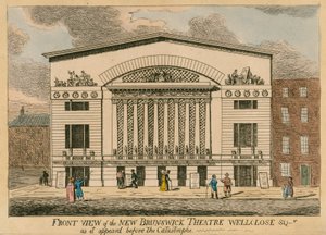 Vistas frontales del nuevo Teatro Brunswick, Wellclose Square, Londres, como apareció antes de la catástrofe