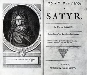 Frontispicio y página de título de Jure Divino: A Satyr por Daniel Defoe, publicado en 1706